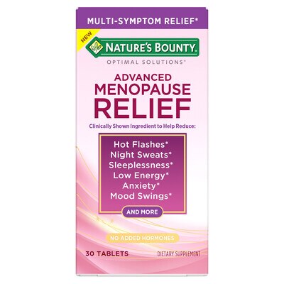 Nature's Bounty Advanced Menopause Relief delivers plant-based, hormone-free support for women in all stages of menopause.* This dietary supplement works to balance hormones and helps to alleviate a full range of daily symptoms, including hot flashes, night sweats, sleeplessness, low energy, anxiety and mood swings, in one tablet per day.*
