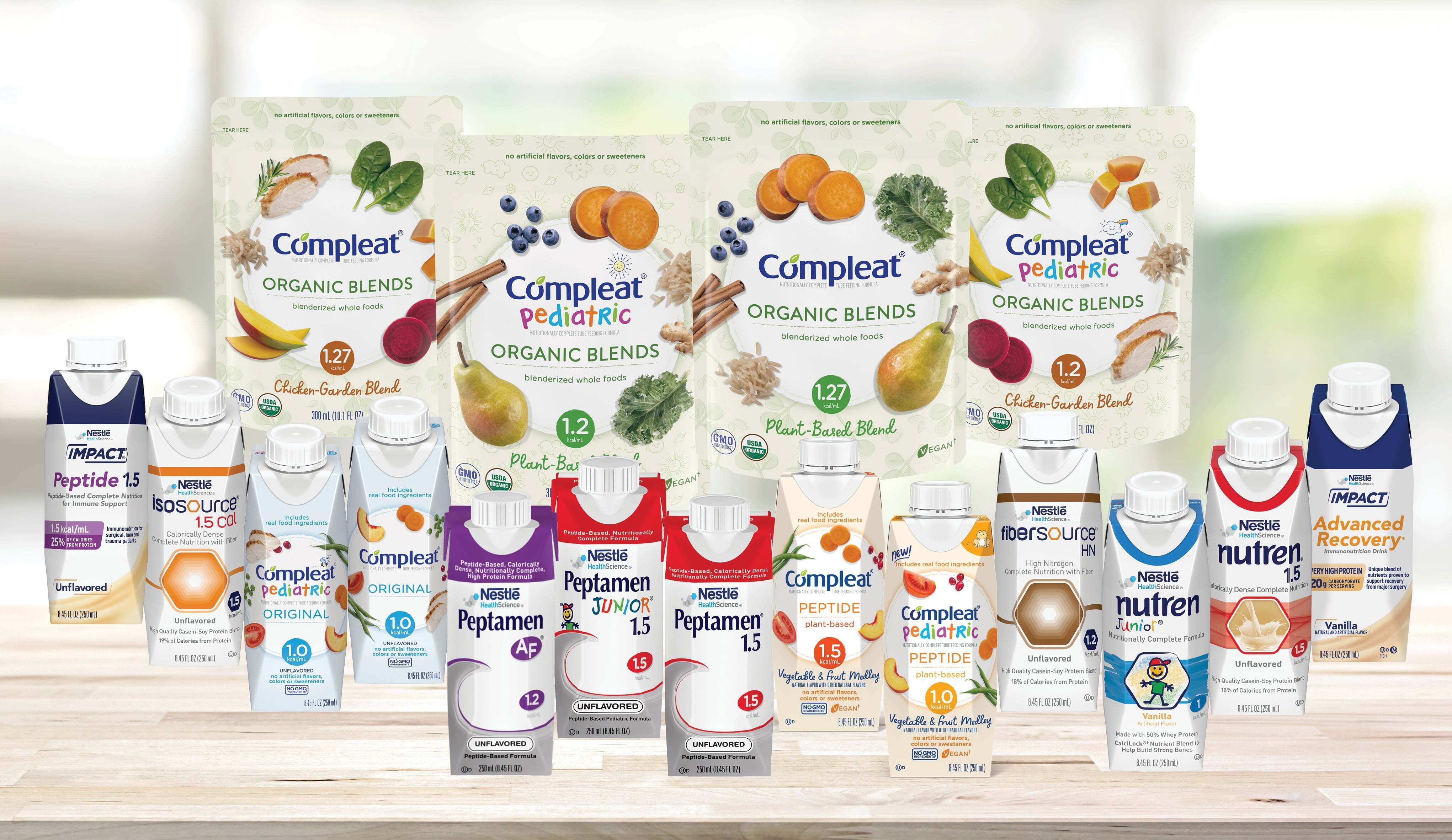 Range of tube feeding supplements of Nestlé Health Science brands: Impact, Compleat, Isosource, Peptamen, Fiberchoice and Nutren.
